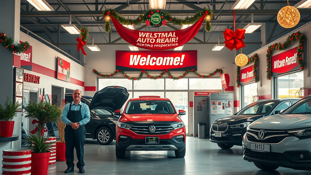 auto repair shop with seasonal promotion, festive staff and decor