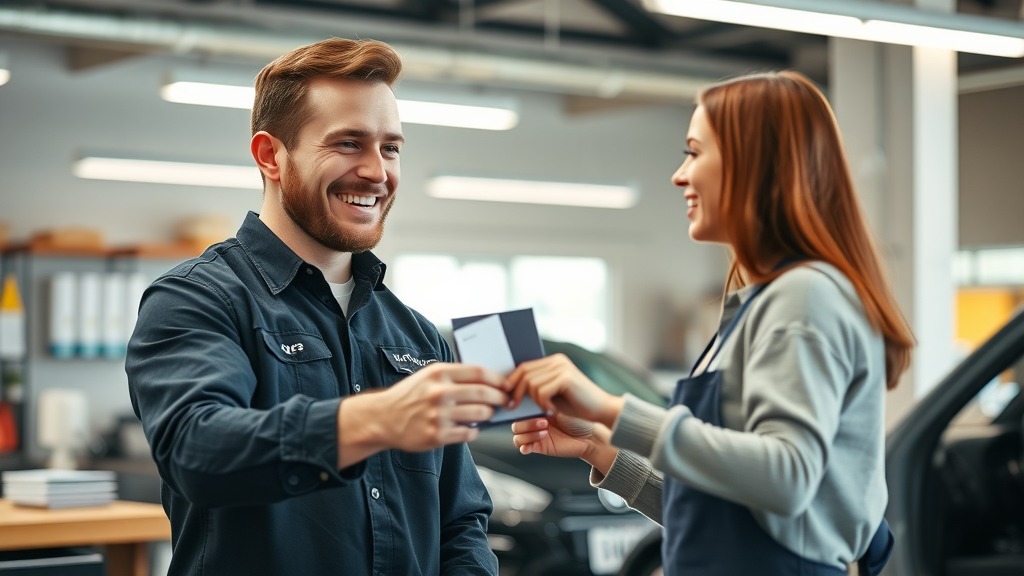 Loyal customer at auto repair shop receiving loyalty rewards from smiling mechanic, exemplifying customer retention in auto service