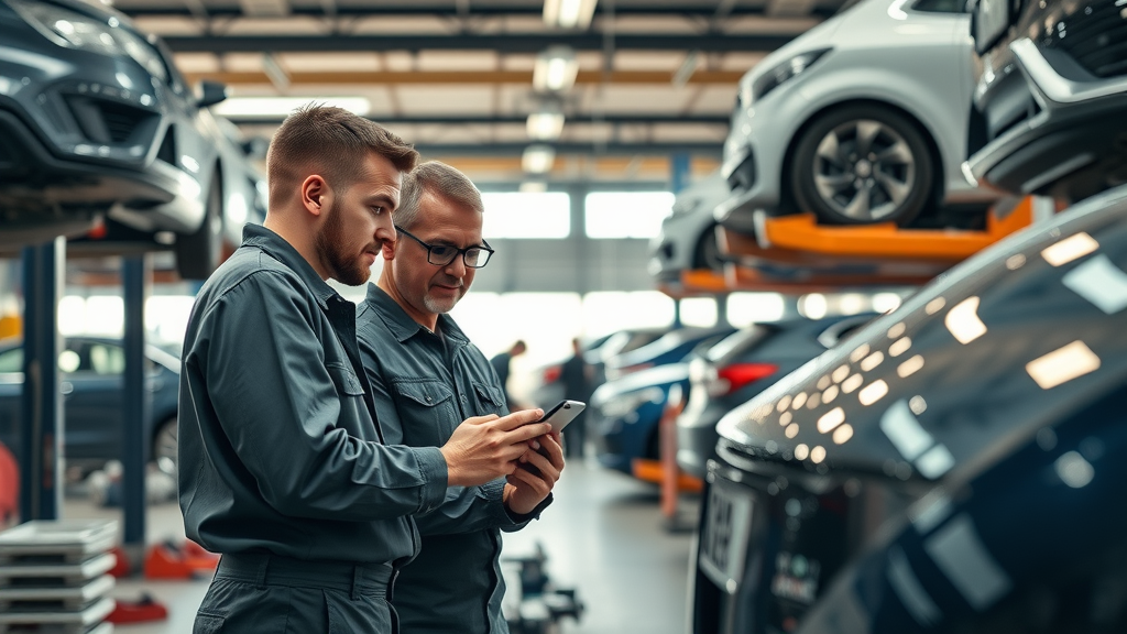 dynamic auto repair shop during business hours with mechanics collaborating using modern diagnostics, busy garage background with cars and tool benches