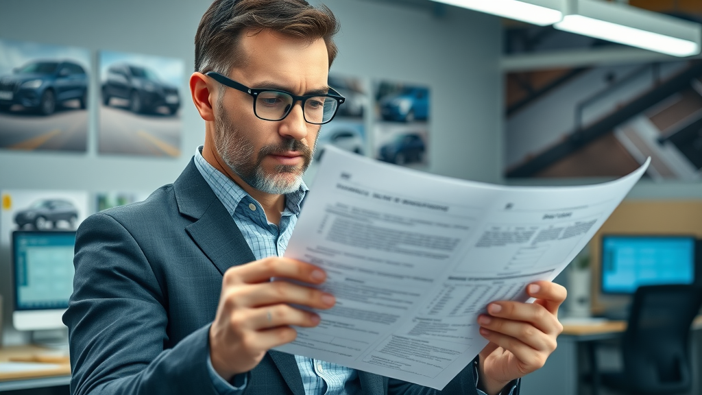business owner reviewing a detailed auto repair business plan in a professional office setting with vehicle posters and computers
