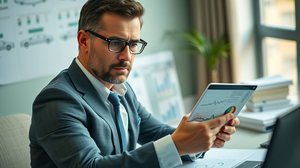 business manager reviewing financial charts for an auto repair shop, car repair business growth