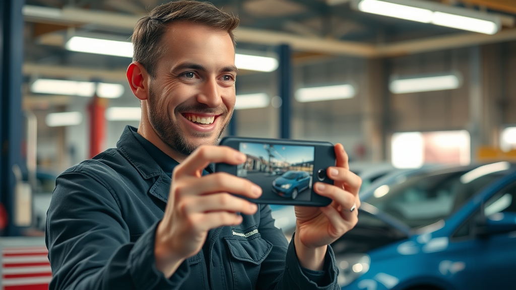 engaged auto technician filming a short video for social media in a repair shop with tools and cars in the background