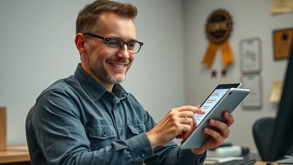 auto repair manager responding to reviews on a tablet with thank you notes and service awards on the desk