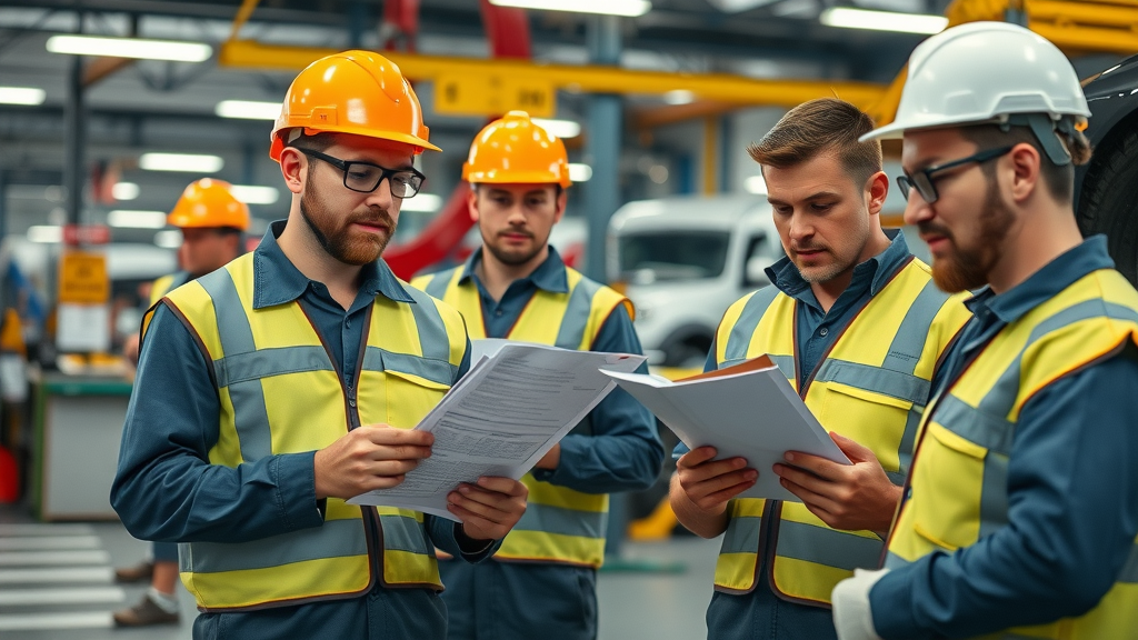mechanics wearing safety gear performing inspections and compliance checklists in an auto shop