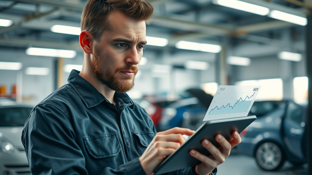 auto repair shop search engine optimization mechanic reviewing analytics