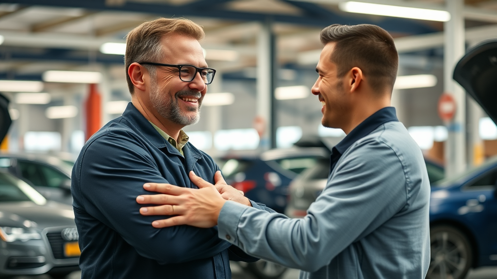 Auto service customer retention through a courteous staff greeting a loyal client in a busy, modern auto repair shop