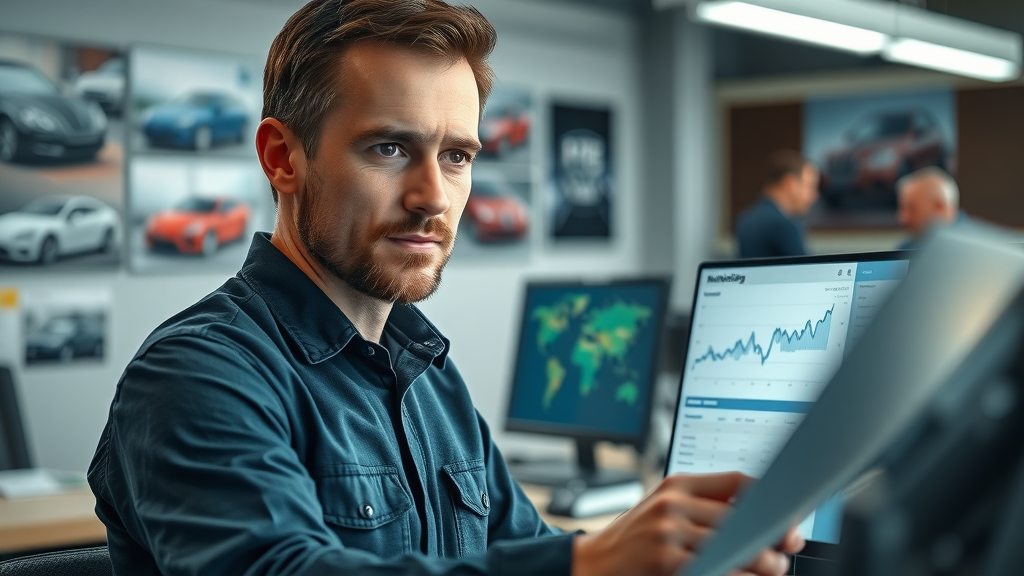 auto repair shop marketing manager analyzing digital dashboard