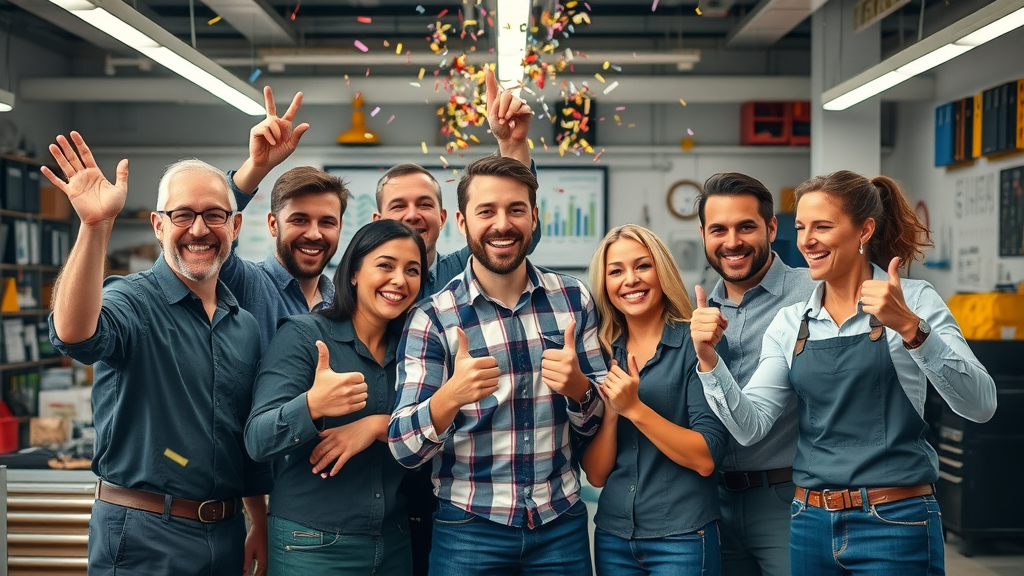 auto repair shop team celebrating business success and high profitability