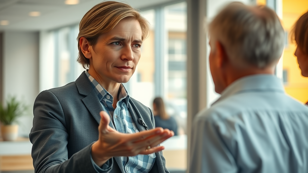compassionate service advisor addressing a concerned customer in a repair shop reception area