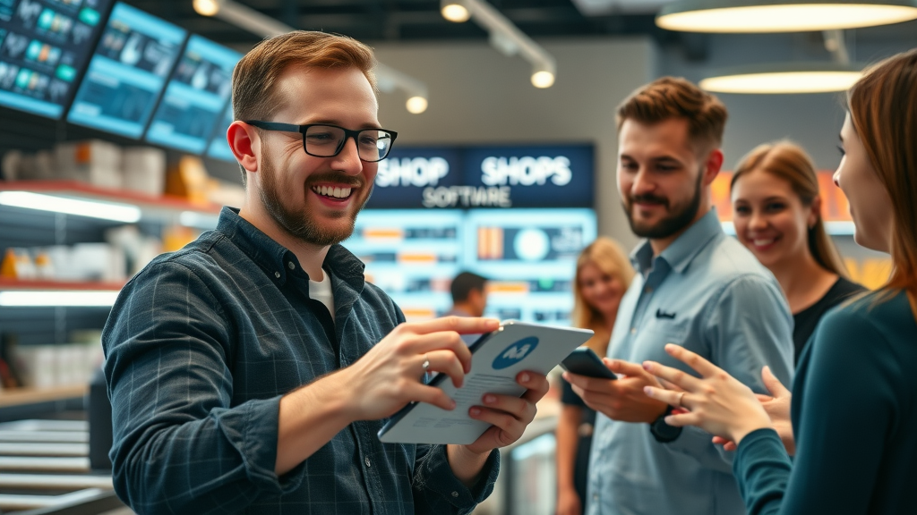 Forward-thinking shop owner demonstrating automotive shop management software features to satisfied customers in a high-tech auto repair shop