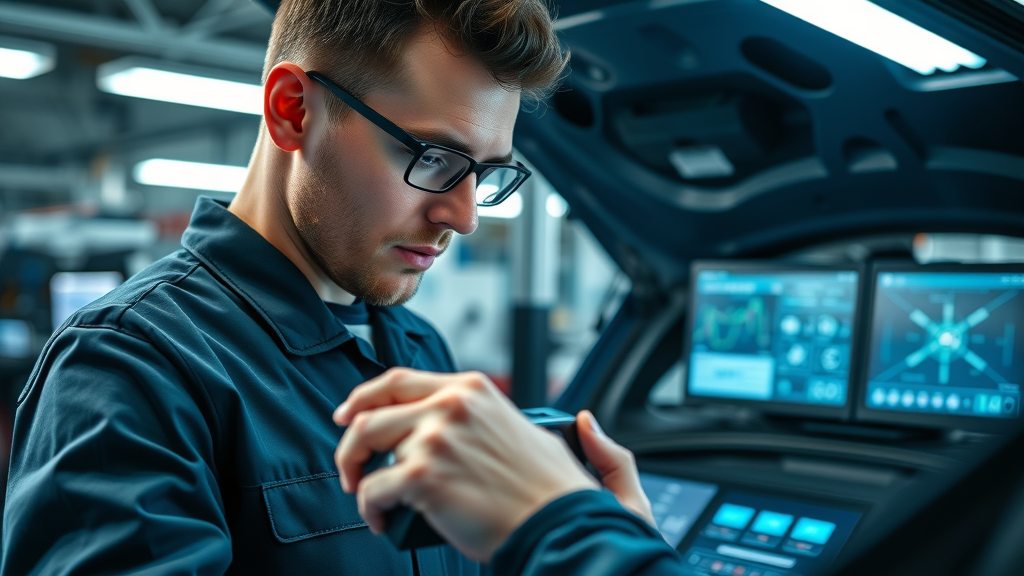 close-up of advanced automotive diagnostic scanner in use by a focused mechanic with a glowing screen interface