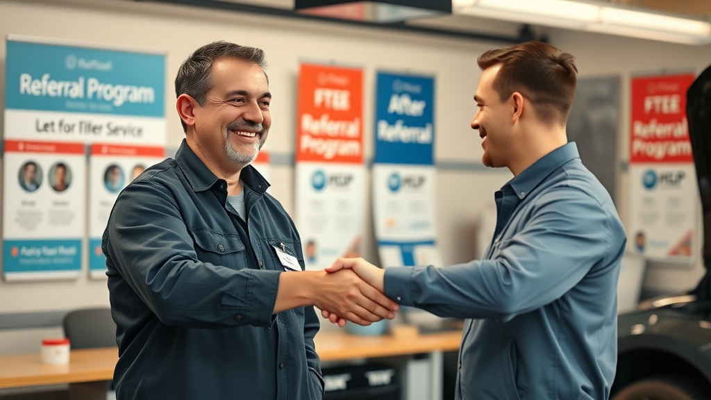 happy customer and mechanic shaking hands in a repair shop reception area with banners for referral programs