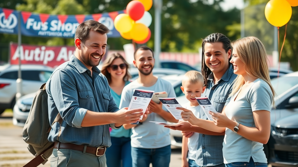 auto repair shop team at community event, engaging with local families