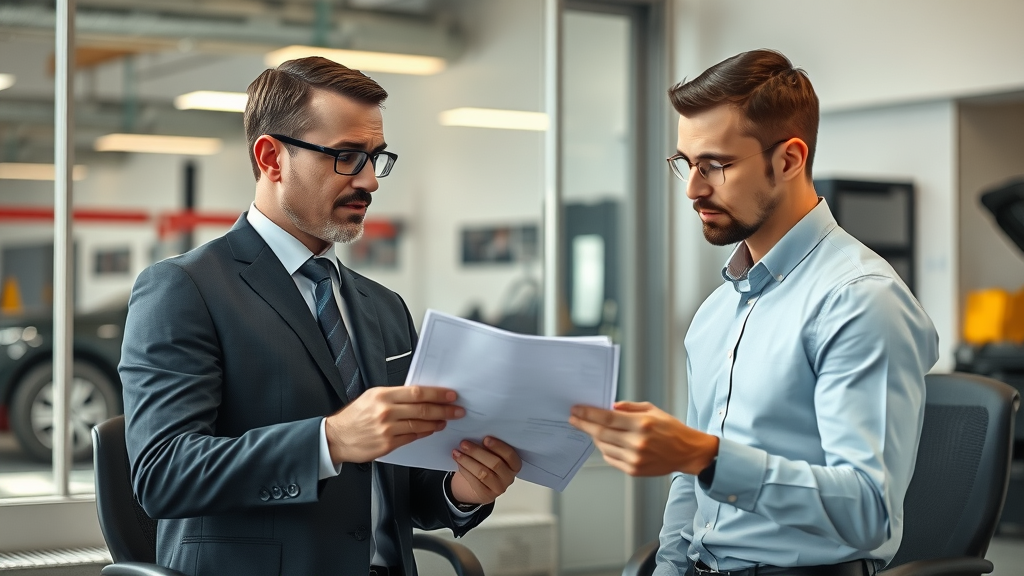 auto shop manager interviewing a mechanic candidate in a formal office with workshop visible through glass