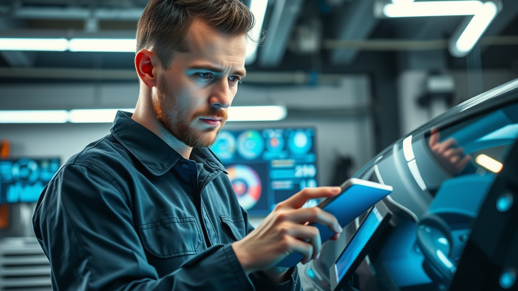 modern mechanic using digital tablet to scan car diagnostics, auto repair business growth