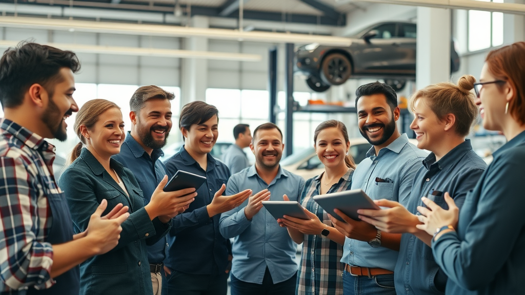 Repair shop team brainstorming customer retention strategies to boost auto service repeat business