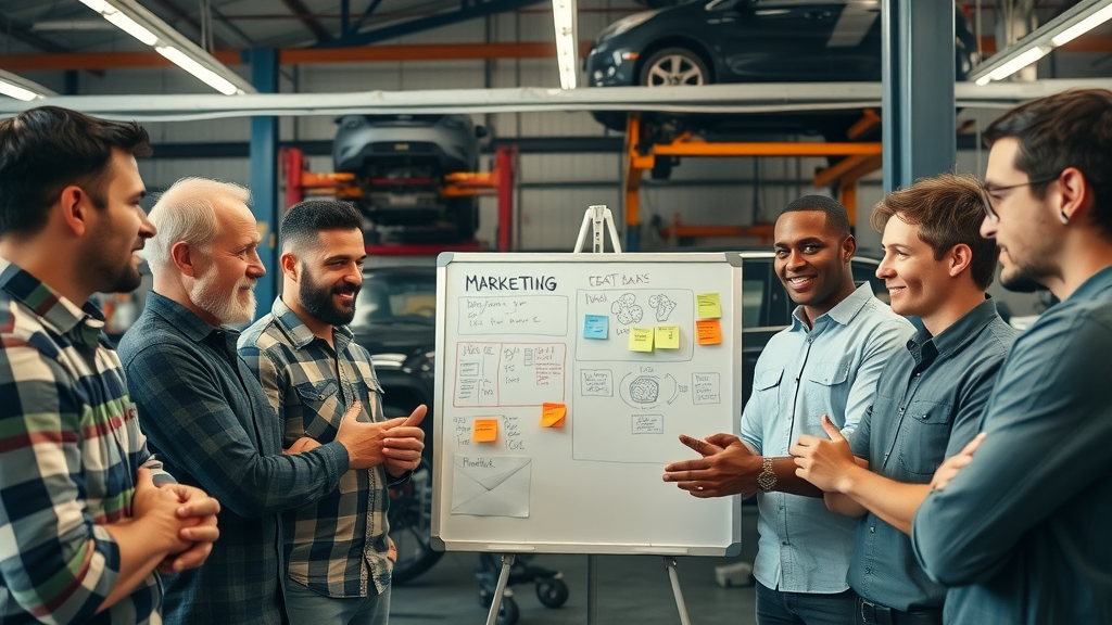 auto shop team planning advertising strategies and marketing