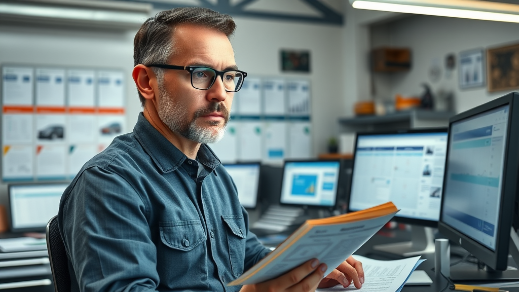 Decisive auto shop owner comparing automotive shop management system options on multiple screens in a modern repair office