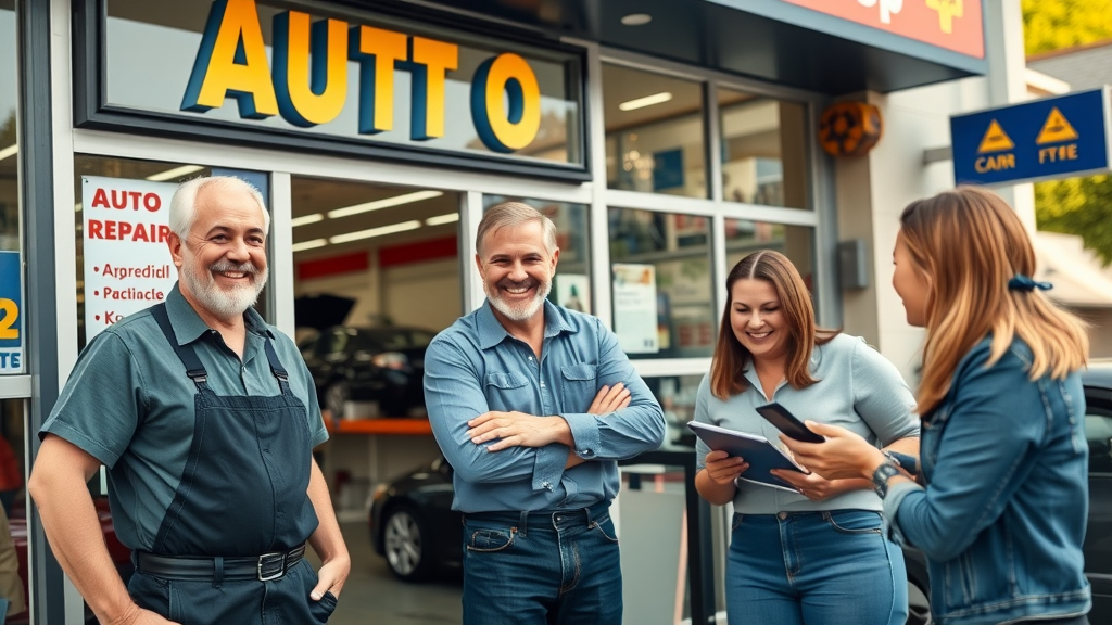 auto repair shop exterior with owners, mechanics, and customers