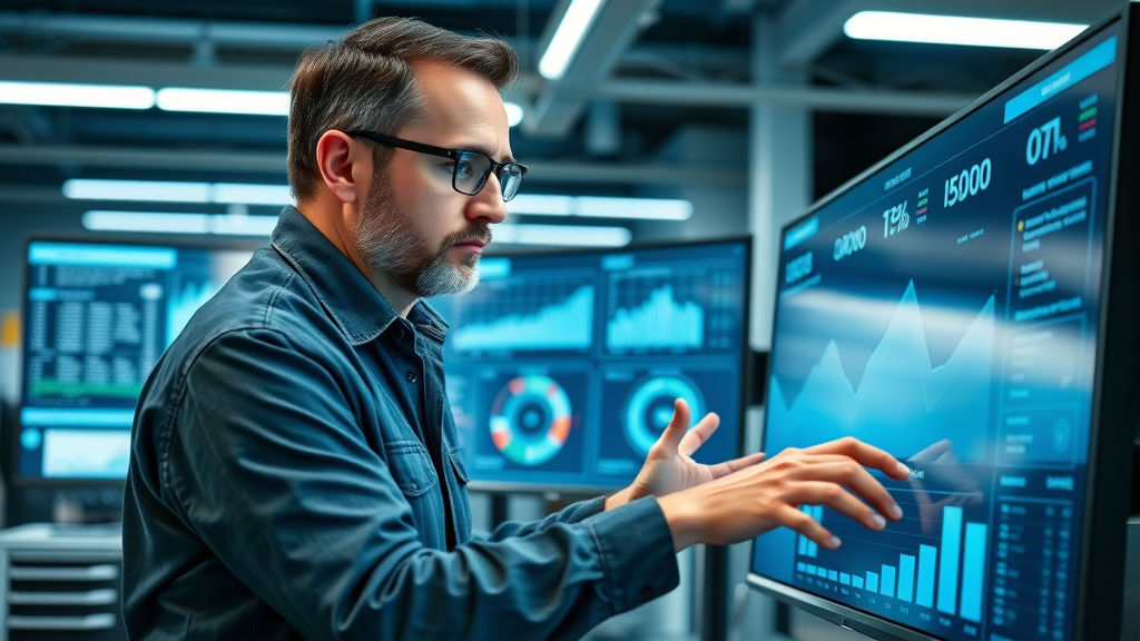 Auto repair shop owner using digital analytics dashboard to track customer retention metrics for continuous improvement