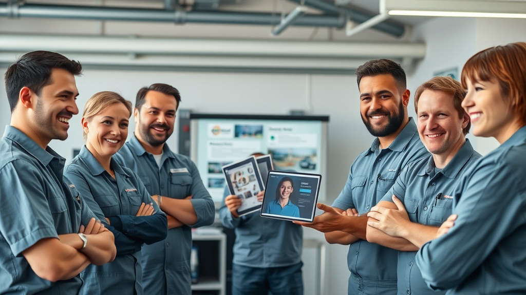 Motivated automotive repair staff engaged in team training with management software displayed in a clean and organized space
