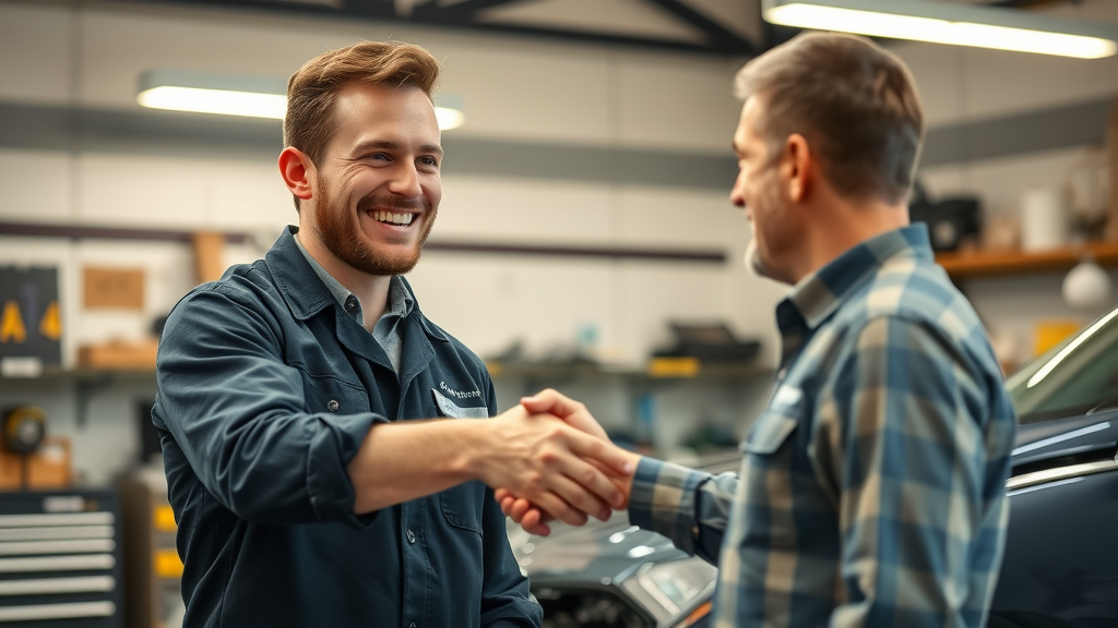 car repair technician shaking hands with loyal customer in a friendly auto repair shop