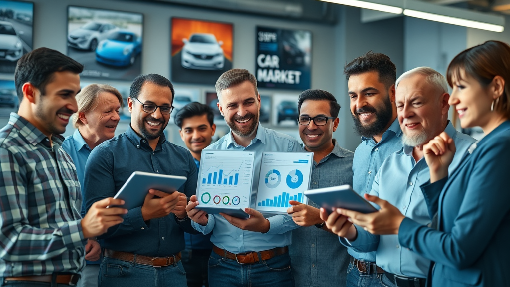 car repair professionals examining digital trend charts in auto repair industry