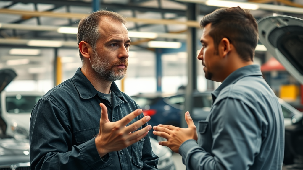 auto repair customer satisfaction mechanic communicating in busy auto shop