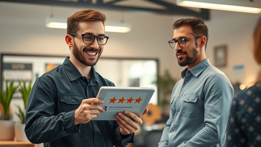 auto repair technician receiving a five-star digital review from a happy customer, showcasing reputation management