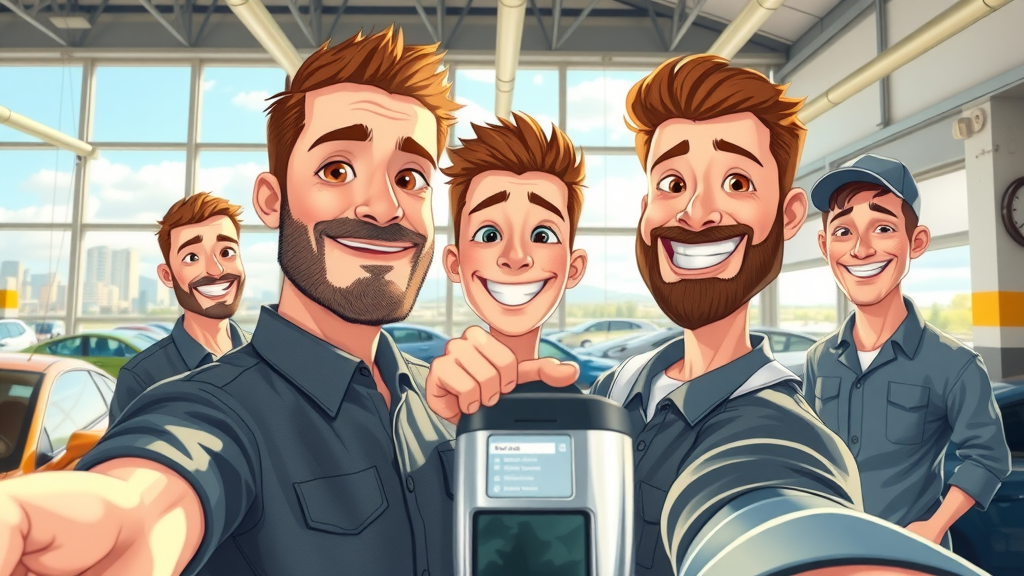 auto repair shop mechanic taking a selfie with satisfied customers, demonstrating customer engagement on social media
