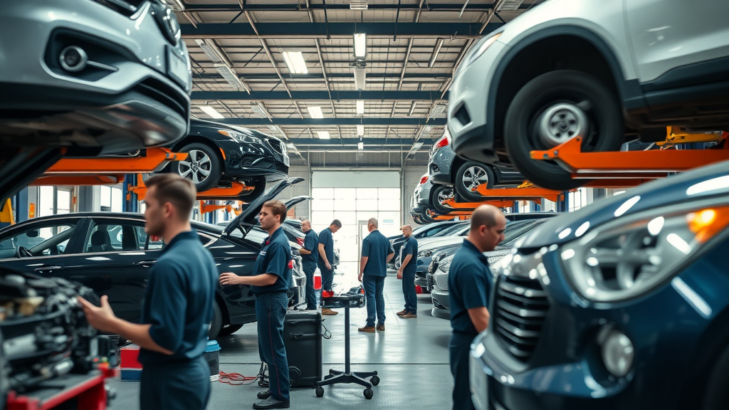 bustling auto repair shop with technicians servicing multiple vehicles in a modern garage expanding auto repair services