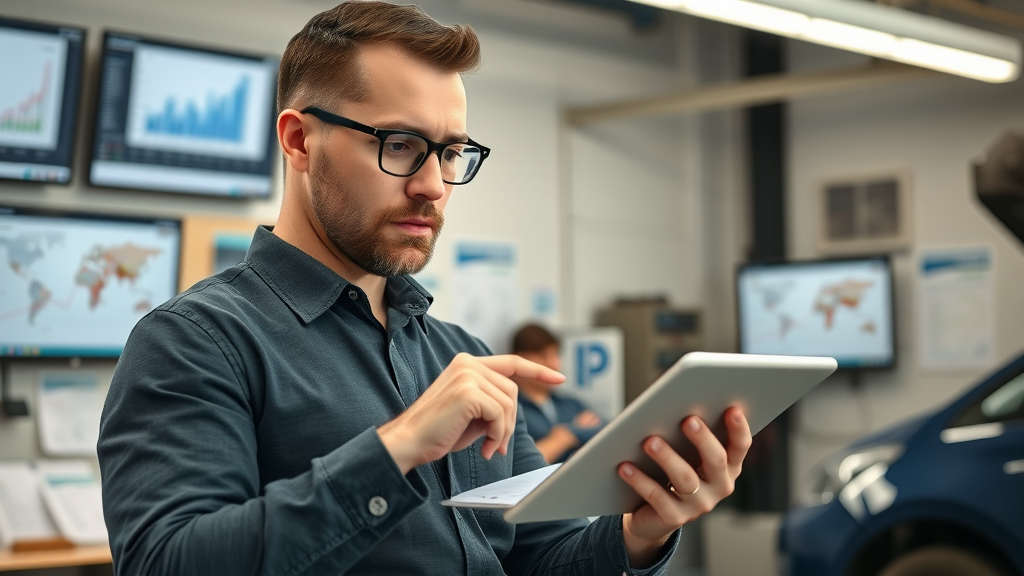 shop owner analyzing auto repair market data for expanding auto repair services