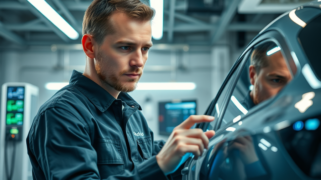 auto repair shop technician performing digital diagnostic on electric vehicle