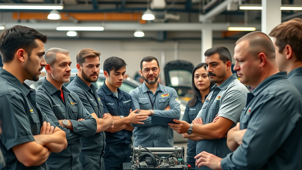 auto repair shop technicians training on new repair services and equipment