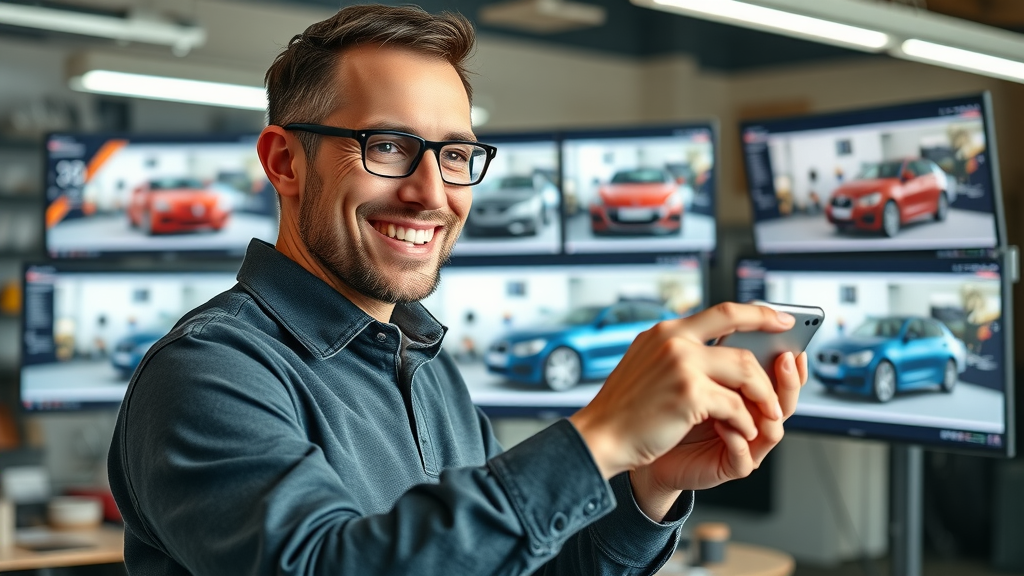 auto repair shop owner sharing repair results on social media marketing strategies