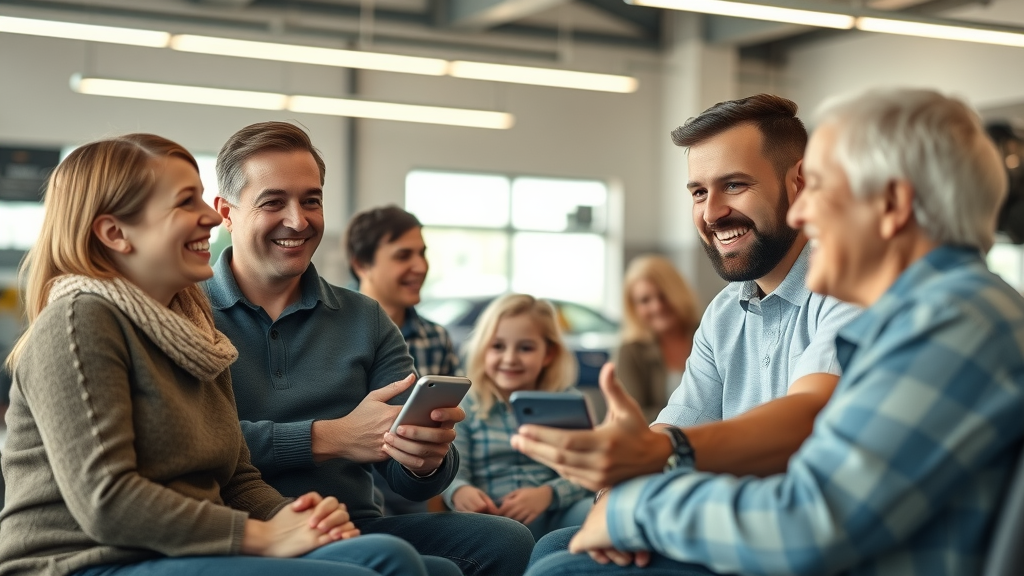 auto repair shop advisor delivering personalized customer service with a happy family client