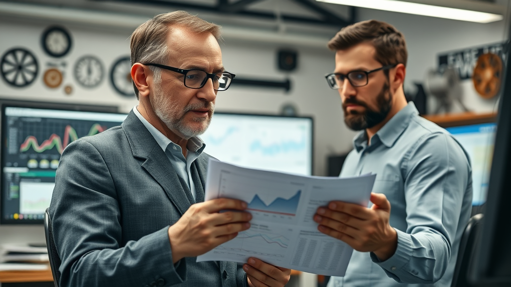 auto repair shop owner and financial advisor reviewing expansion plans and budgets