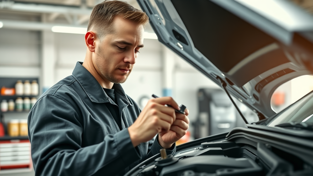 Technician performing oil change services in a clean, modern auto shop bay