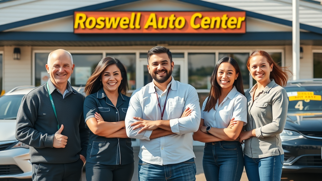 Roswell Auto Center team providing trustworthy oil change services outside shop