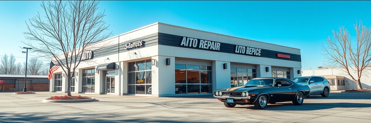 Auto repair Roswell shop exterior with classic car and American flags.