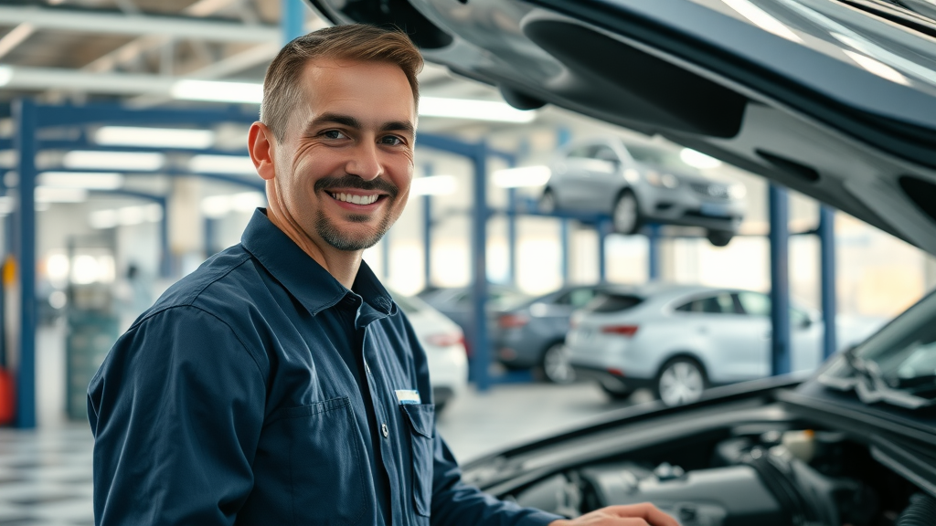 Auto repair Roswell mechanic inspecting car in a modern garage service bay