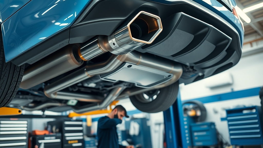 Mechanic installing custom exhaust system on modern car in bright auto shop