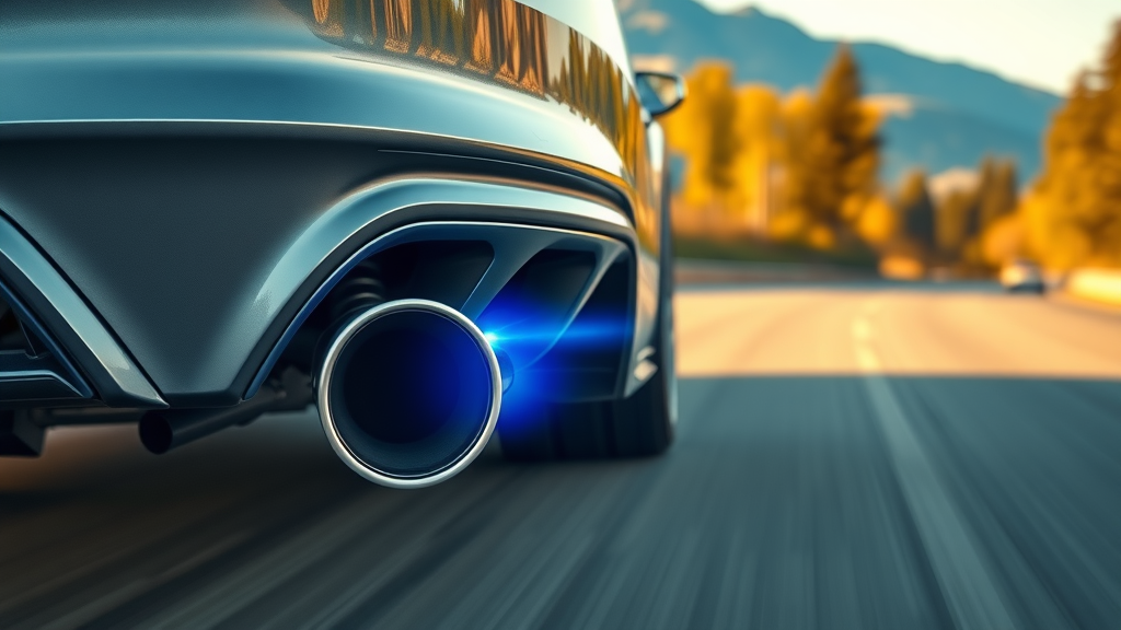 Sport car with custom exhaust installation emitting blue fumes on scenic mountain road