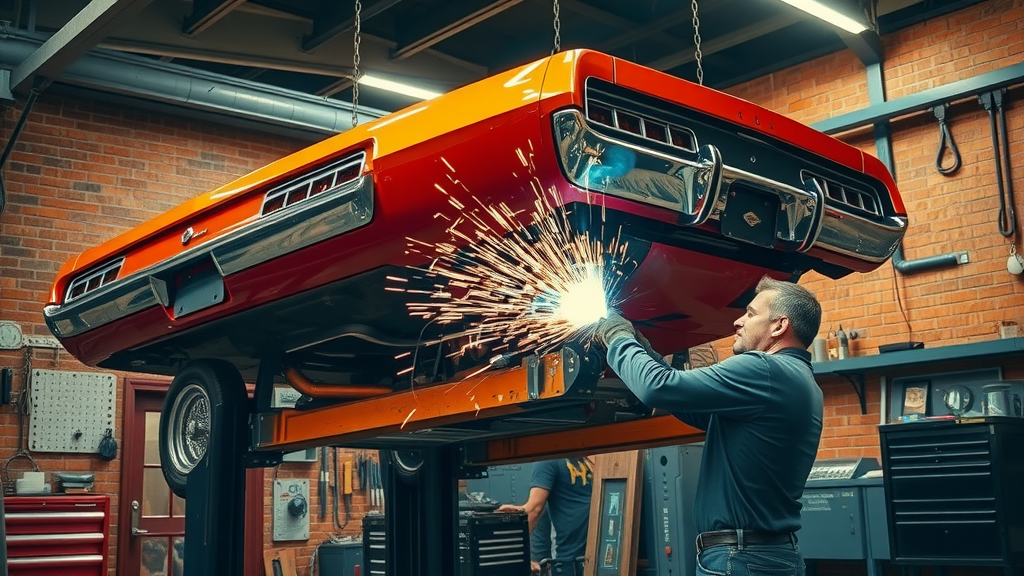 Technician welding custom exhaust installation on classic muscle car in workshop