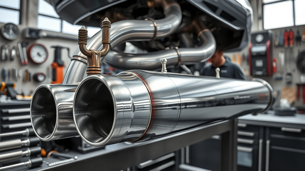 Detailed custom exhaust installation with pipes and tools on auto shop workbench