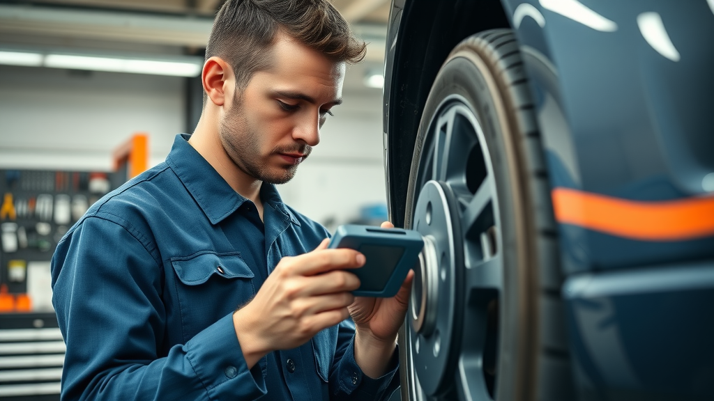 Brake repair experts inspecting car brake system in modern auto shop.