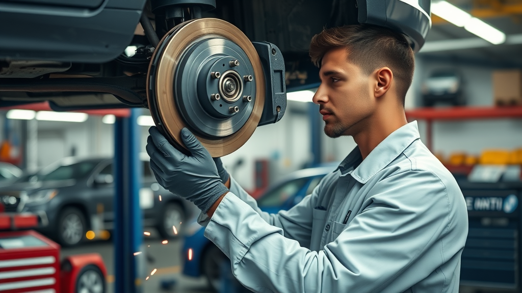Brake repair expert replacing brake pads for reliable vehicle safety.